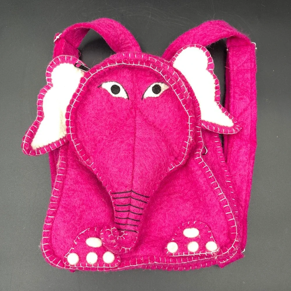 Handmade Pink Boiled Wool Elephant Backpack Kids Novelty Felt Animal Bag 10in